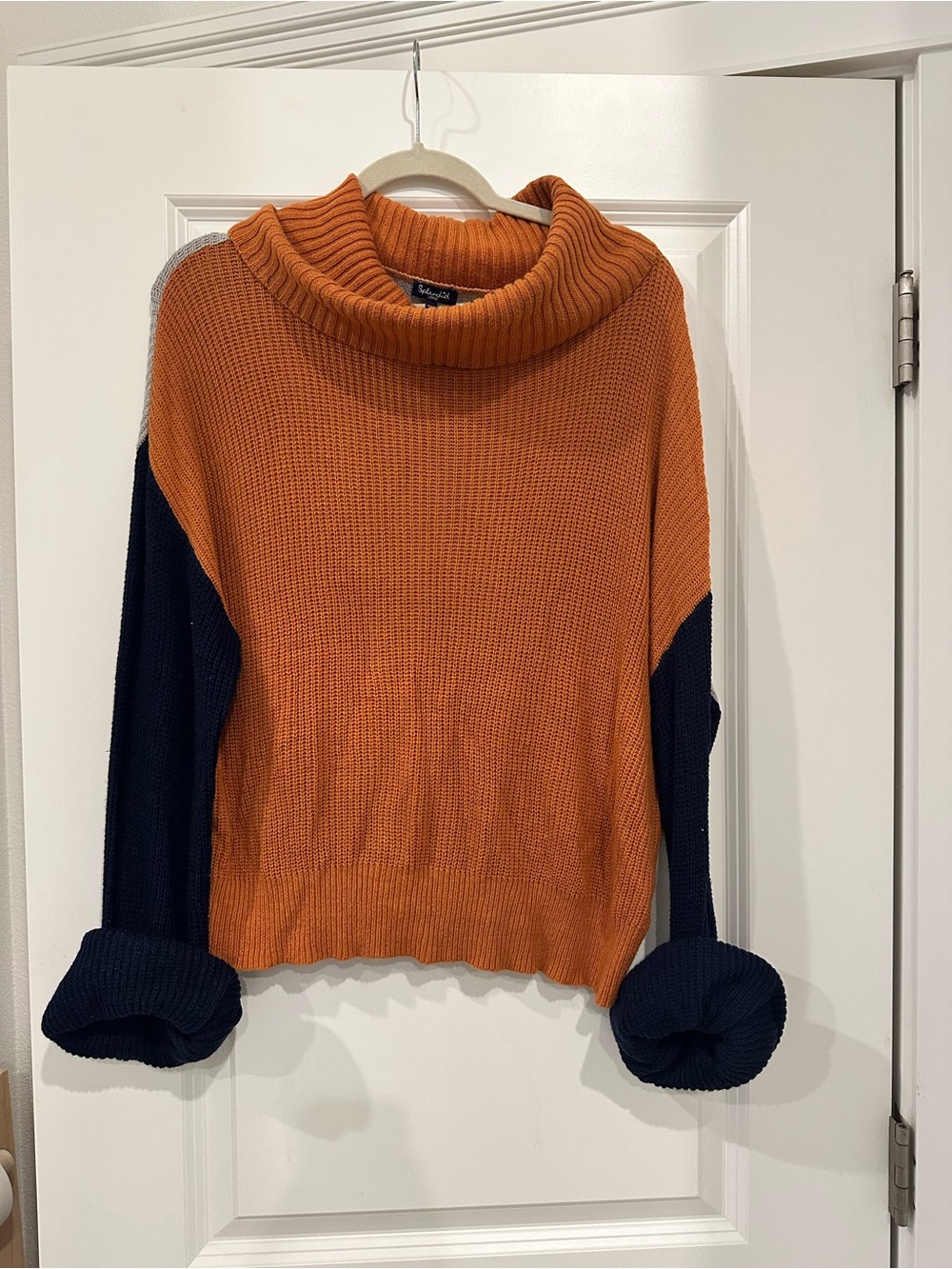 Splendid Orange Cowl Neck Sweater with Navy Sleeves